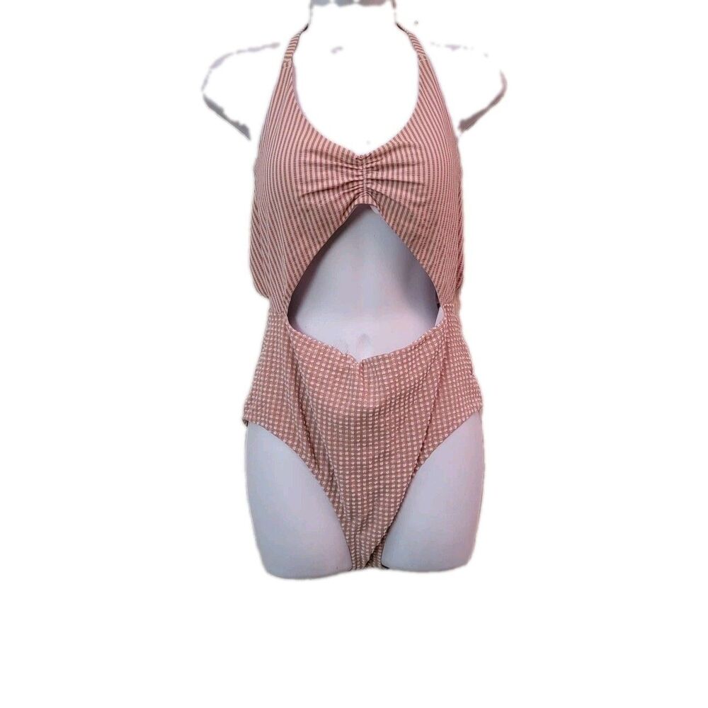 aerie gingham plaid cut out onepiece Cheeky swimsuit wht/brn sz L beach coastal - Picture 1 of 5
